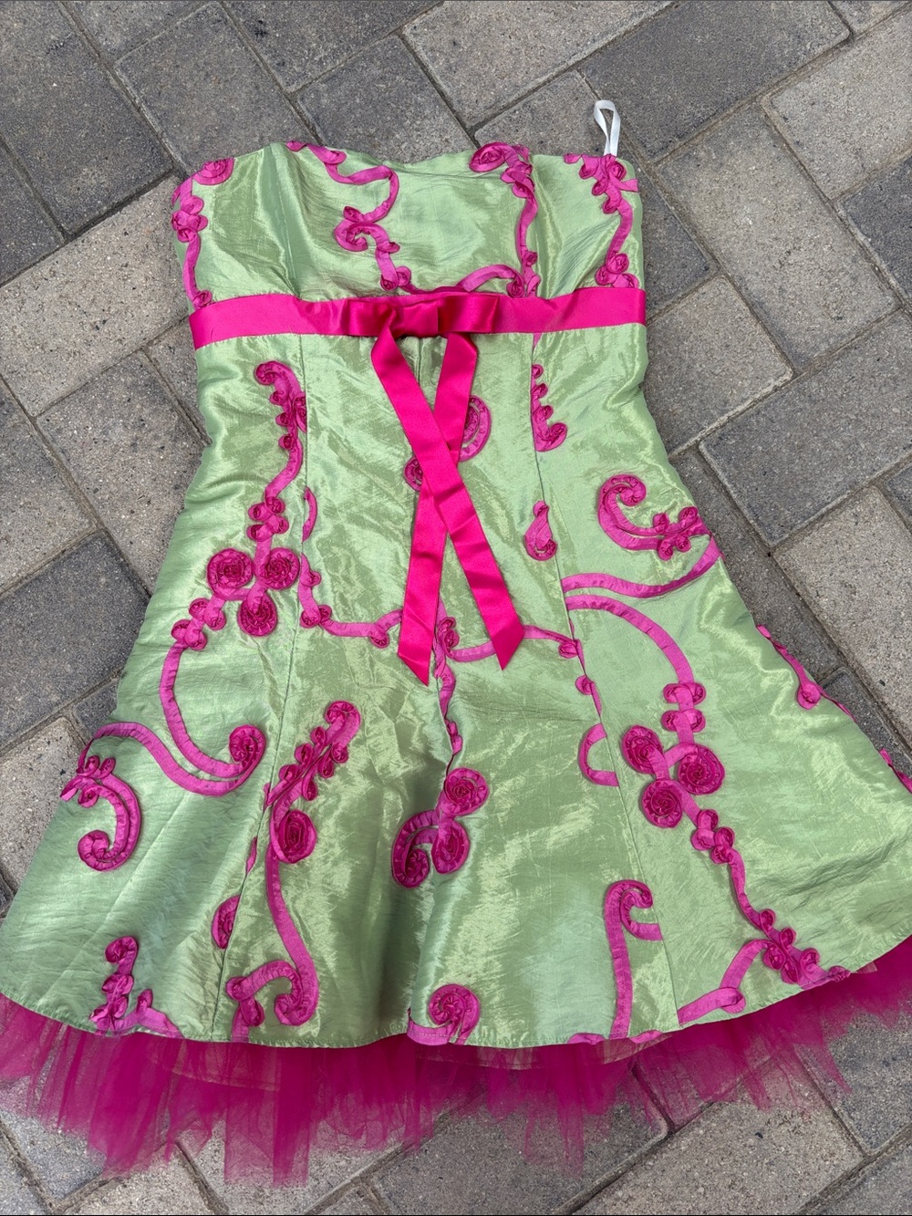 Green and Hot Pink Strapless Party Dress